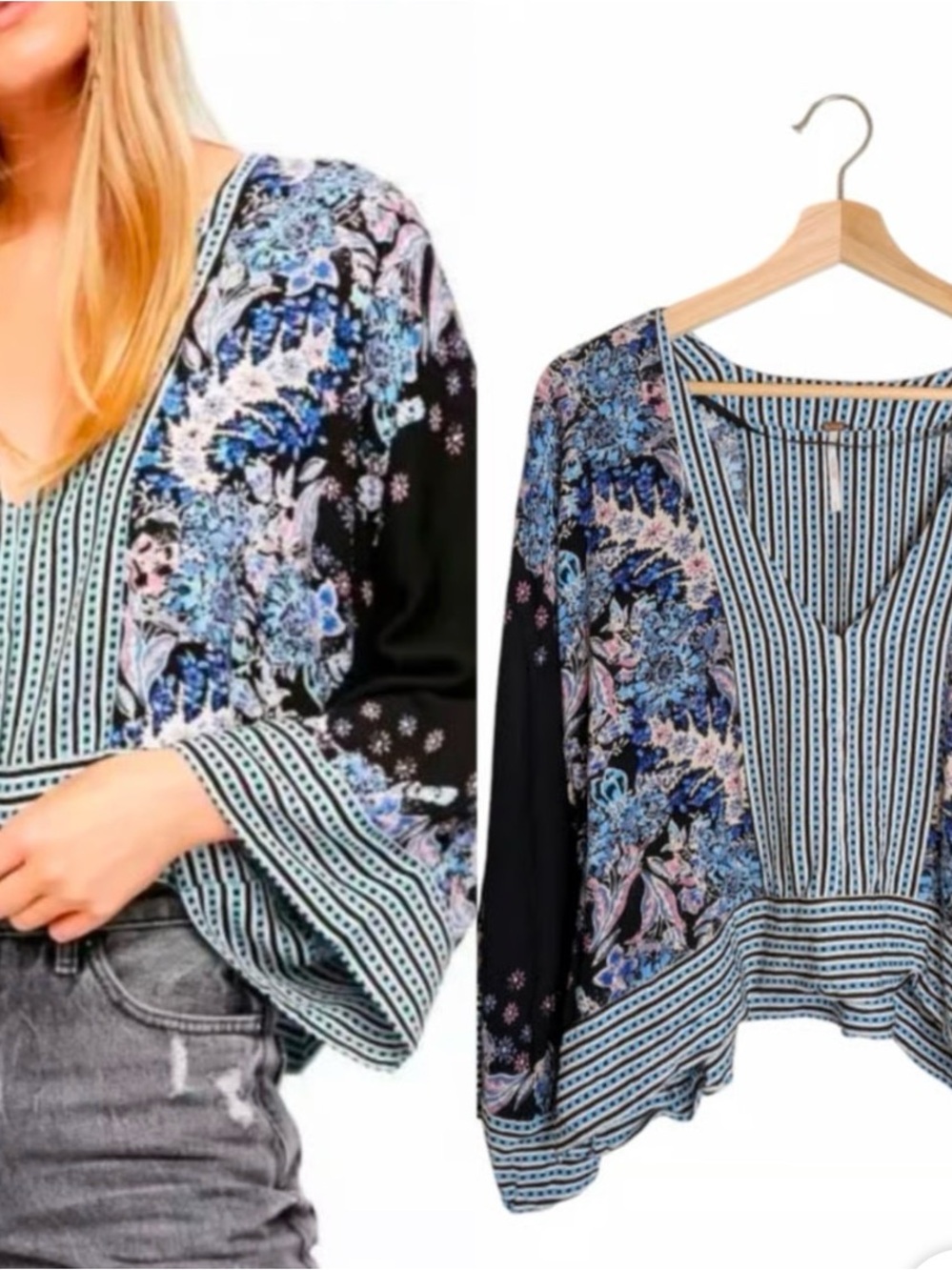 Free People Black Floral V-Neck Peasant Top with Blue Accents